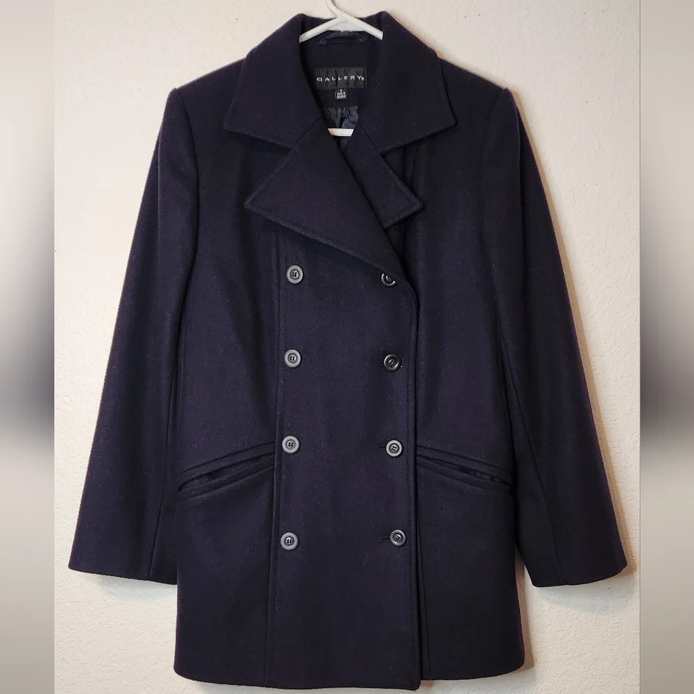 Gallery Navy Blue Double Breasted Wool Blend Pea Coat, Size 6‎
